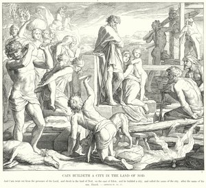 Kaïn bouwt een stad in het land Nod door Julius (after) Schnorr von Carolsfeld