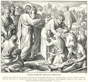 Christus Voedt de Vijfduizend (gravure) door Julius (after) Schnorr von Carolsfeld