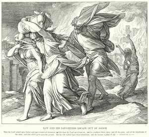 Lot en zijn Dochters Ontsnappen uit Sodom (gravure) door Julius (after) Schnorr von Carolsfeld
