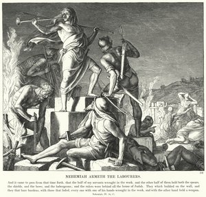 Nehemia bewapent de arbeiders door Julius (after) Schnorr von Carolsfeld