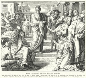 Paulus predikt op de Areopagus in Athene (gravure) door Julius (after) Schnorr von Carolsfeld