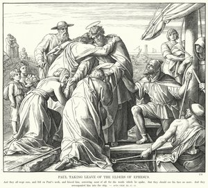 Paulus neemt afscheid van de oudsten van Efeze (gravure)