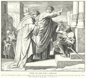 Petrus en Johannes genezen een lamme man door Julius (after) Schnorr von Carolsfeld