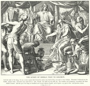 Het Bezoek van de Koningin van Sheba aan Salomo (gravure) door Julius (after) Schnorr von Carolsfeld