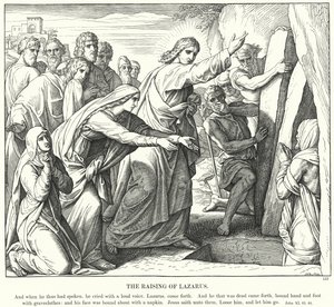 De Opwekking van Lazarus (gravure) door Julius (after) Schnorr von Carolsfeld