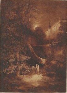 Maanverlicht landschap met een monnik die bij een paleis loopt door Julius Albert Elsasser
