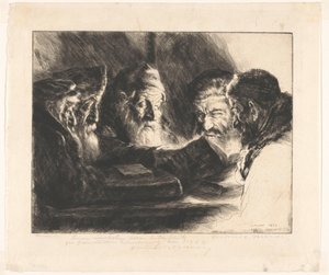 Vijf lezende joodse mannen door Julius C. Turner (signed by artist)