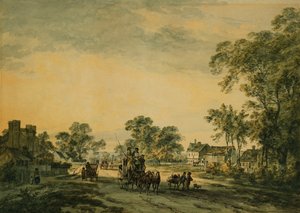 Een koets en figuren op een open landweg door Julius Caesar Ibbetson