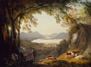 Landelijke mensen rusten met vee in een bosrijk landschap door Julius Caesar Ibbetson