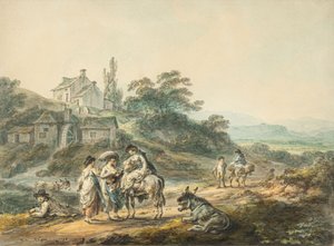 Figuren op een pad bij een molen door Julius Caesar Ibbetson