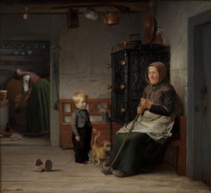 Een arme vrouw die wacht op een kruik bier in een boerenhuis door Julius Exner