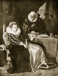 Elizabeth ondertekent het doodvonnis van Mary, illustratie uit 