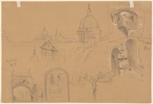 Studies van het Colosseum en Monte Pincio (verso) door Julius Jacob the Elder