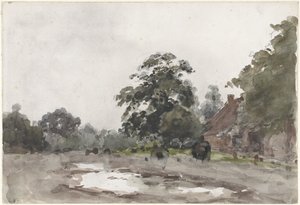 Boerderij onder hoge bomen met water op de voorgrond door Julius Jacobus van de Sande Bakhuyzen