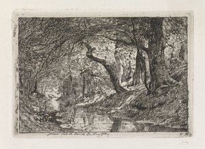 Boslandschap met beek en bomen op oever door Julius Jacobus van de Sande Bakhuyzen