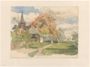 Erf bij een dorpskerk door Julius Jacobus van de Sande Bakhuyzen