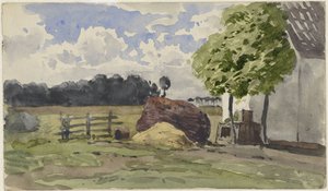 Stapel hout voor een boerderij in het weiland door Julius Jacobus van de Sande Bakhuyzen