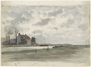 Vaart met een molen door Julius Jacobus van de Sande Bakhuyzen