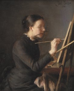De schilder Agnes Paulsen, de zus van de kunstenaar, bij haar ezel door Julius Paulsen