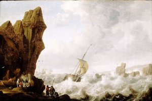 Een vissersboot met twee masten (hoeker) in woeste zeeën, ingeklemd in een doorgang omgeven door een kustlijn van steile rotsen (ca. 1620)