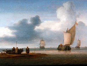 Strandscène met Zeilboten en Vissers