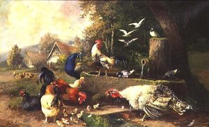 Gevogelte bij een pomp door Julius Scheuerrer