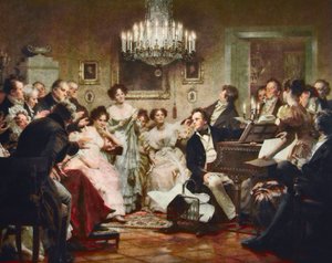 Franz Schubert (1797-1828) aan de piano tijdens een Schubertavond in een Weense salon - gravure naar Julius Schmid (1854-1935)