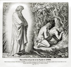 Adam en Eva verbergen hun naaktheid, Genesis door Julius Schnorr von Carolsfeld