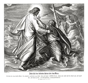 Jezus en Petrus lopen op water door Julius Schnorr von Carolsfeld