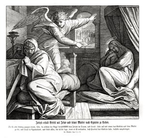 Jozef wordt gewaarschuwd om naar Egypte te vluchten, Evangelie van Matteüs door Julius Schnorr von Carolsfeld