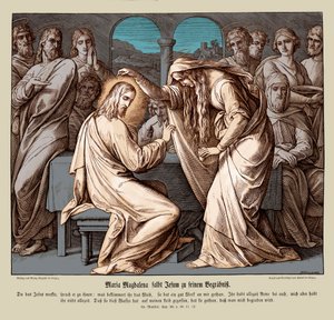 Maria Magdalena zalft Jezus, Evangelie van Matteüs door Julius Schnorr von Carolsfeld