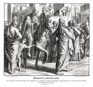 Mordechai wordt geëerd door de koning door Julius Schnorr von Carolsfeld