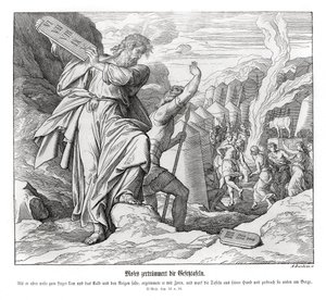 Mozes breekt de tafelen van de wet, Exodus door Julius Schnorr von Carolsfeld