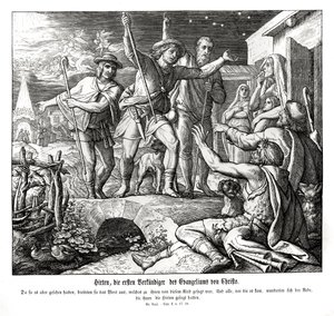 Herders verspreiden het evangelie, Evangelie van Lucas door Julius Schnorr von Carolsfeld