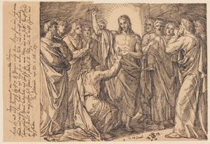 Jezus verschijnt aan de verzamelde discipelen. Vrede zij met jullie. Daarna zegt hij tegen Tomas: ...? door Julius Schnorr von Carolsfeld