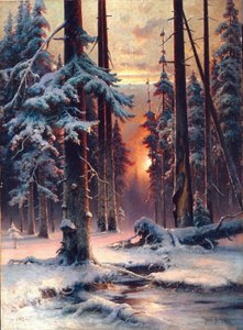 Winterzonsondergang in het sparrenbos. Schilderij van Julius von Klever, olie op doek