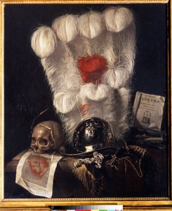 IJdelheid met schedel omringd door een korenaar, helm, dolk, hoorn, veren en een exemplaar van 