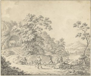 Landschap met een schuitje waarin een schapenherder met zijn kudde
