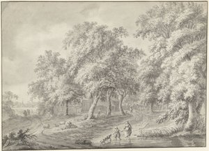 Landschap met moeder en kind met hond wadend door een poel door Jurriaan Andriessen (possibly)
