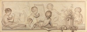 Zes putti met bloemen en fruit en attributen van de tekenkunst door Jurriaan Andriessen (signed by artist)