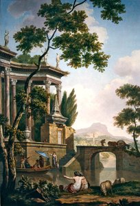 Arcadisch landschap met een grafmonument