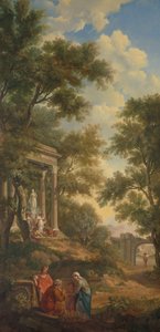 Arcadisch landschap met links een tempel en op de voorgrond een zittende oude man