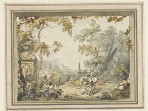 Ontwerp voor een kamerbeschildering: idyllisch-arcadisch landschap met klassieke gebouwen
