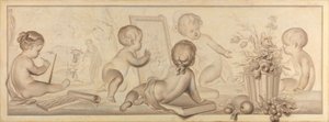 Zes Putti met bloemen en vruchten en attributen van de tekenkunst door Jurriaan Andriessen