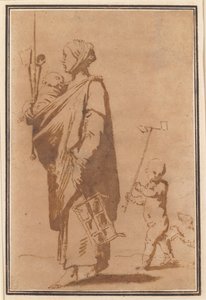 Een moeder die een kind en keukengerei draagt, gevolgd door een jongen en een hond door Jusepe de Ribera