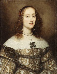 Portret van een dame, halflang, in een goudgeborduurde jurk door Justus Sustermans