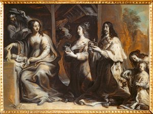 Louis XIII, Anne van Oostenrijk en de kroonprins bidden voor de Heilige Familie - Louis XII ... door Justus van Egmont