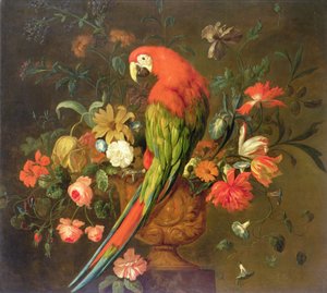 Scarlet Macaw op een gebeeldhouwde urn met bloemen