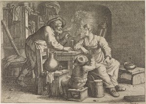 Interieur met een rokende boer, een vrouw en een jongen door Justus van den Nijpoort