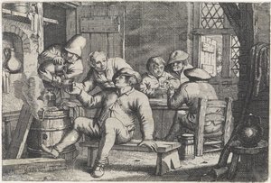 Interieur met kaartende boeren door Justus van den Nijpoort